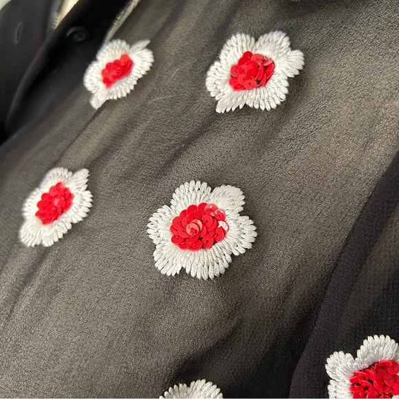 Alice + Olivia Willa Floral Embellished Scalloped Collar Placket Top Black Sz S - Picture 11 of 15